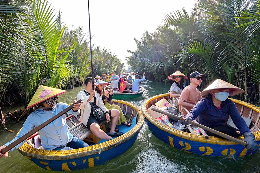 Tourist using a smartphone in a rural area of Vietnam